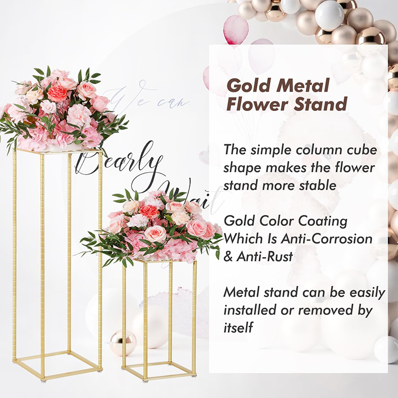 Wedding Flower Stand 2Pcs Gold Flower Stand for Wedding, Metal Column Vases Stand Shiny Gold Wedding Flower Stand, Rectangular Flower Display Rack for Wedding Party Birthday Events Reception (31.5 inch Tall)