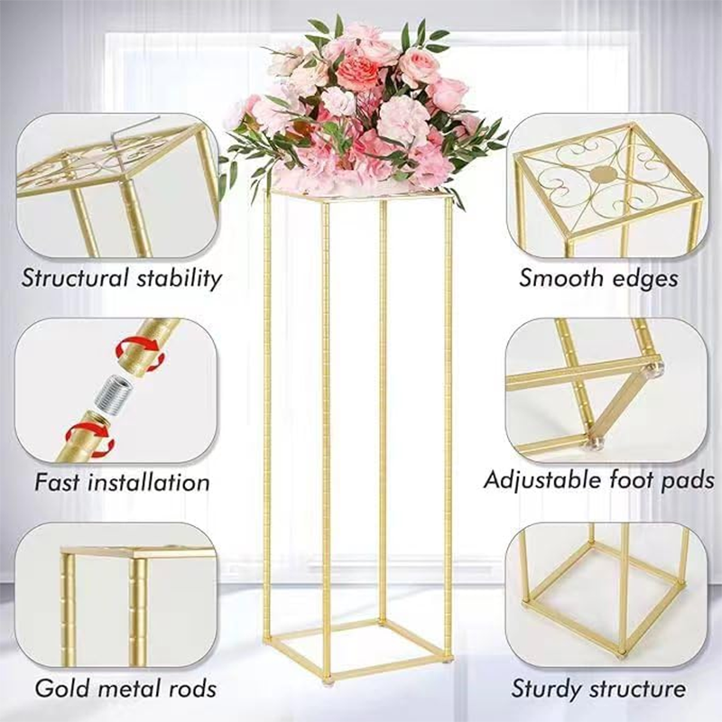 Wedding Flower Stand 2Pcs Gold Flower Stand for Wedding, Metal Column Vases Stand Shiny Gold Wedding Flower Stand, Rectangular Flower Display Rack for Wedding Party Birthday Events Reception (31.5 inch Tall)
