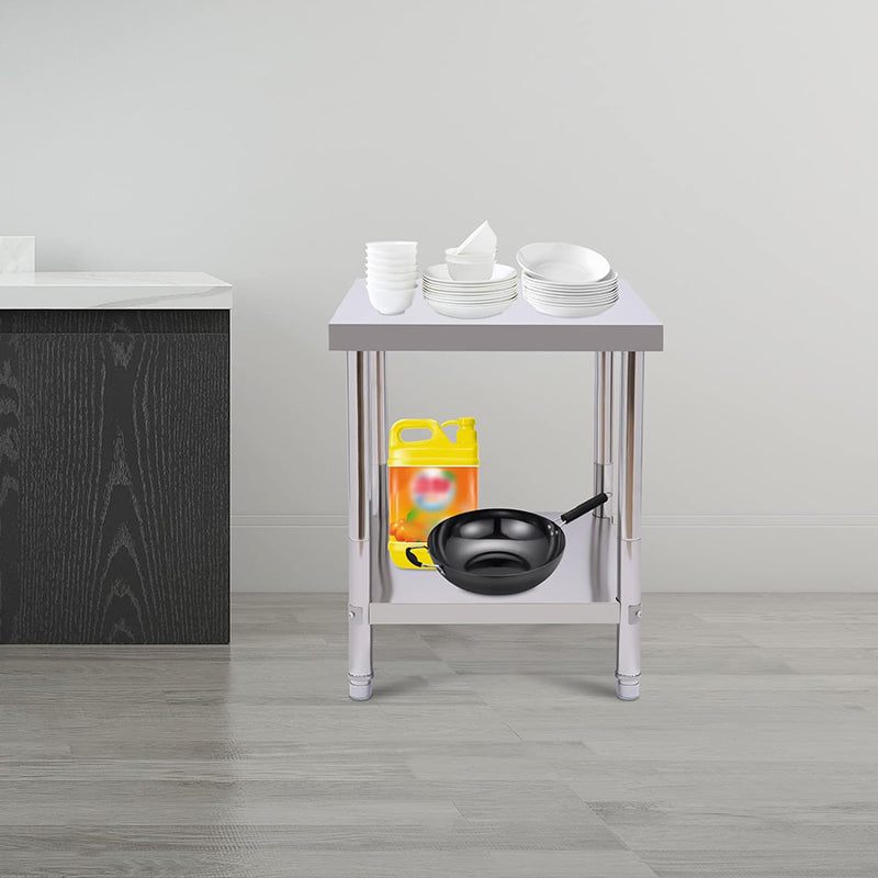 24 x 18'' 2 Tier Stainless Steel Food Table for Prep & Work Commercial Heavy Duty Worktable Utility Table with Foot Covers for Restaurant Home