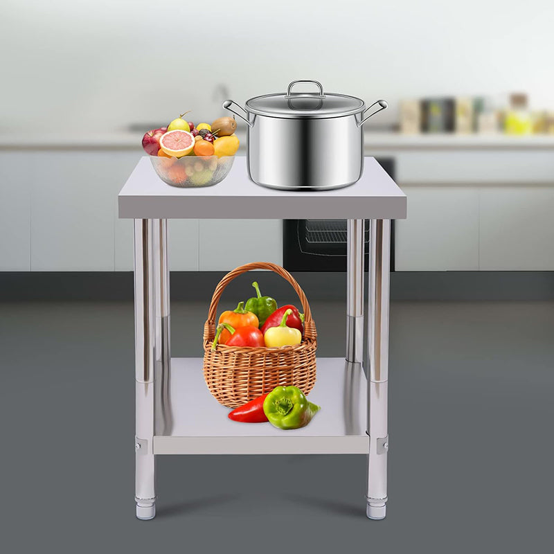 24 x 18'' 2 Tier Stainless Steel Food Table for Prep & Work Commercial Heavy Duty Worktable Utility Table with Foot Covers for Restaurant Home