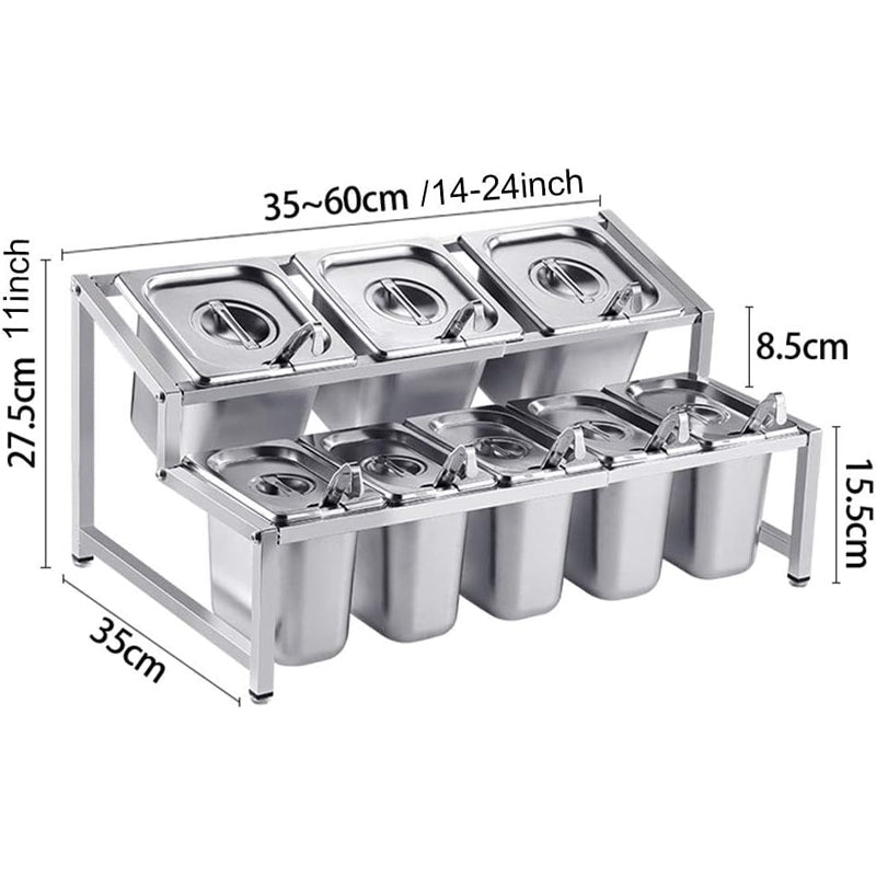 Stainless Steel Commercial Food Pan & Retractable Holder, Condiment Server Tray Station With Serving Spoons