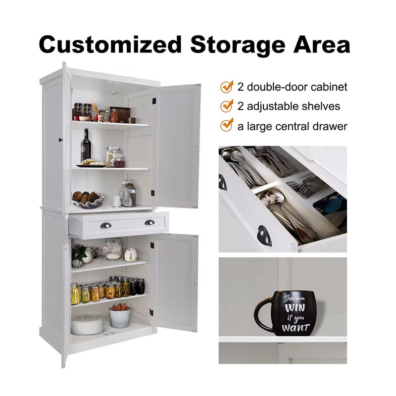 Freestanding Cabinets, White Large Capacity Wooden Storage Kitchen Pantry Cabinets, Pantry Closets