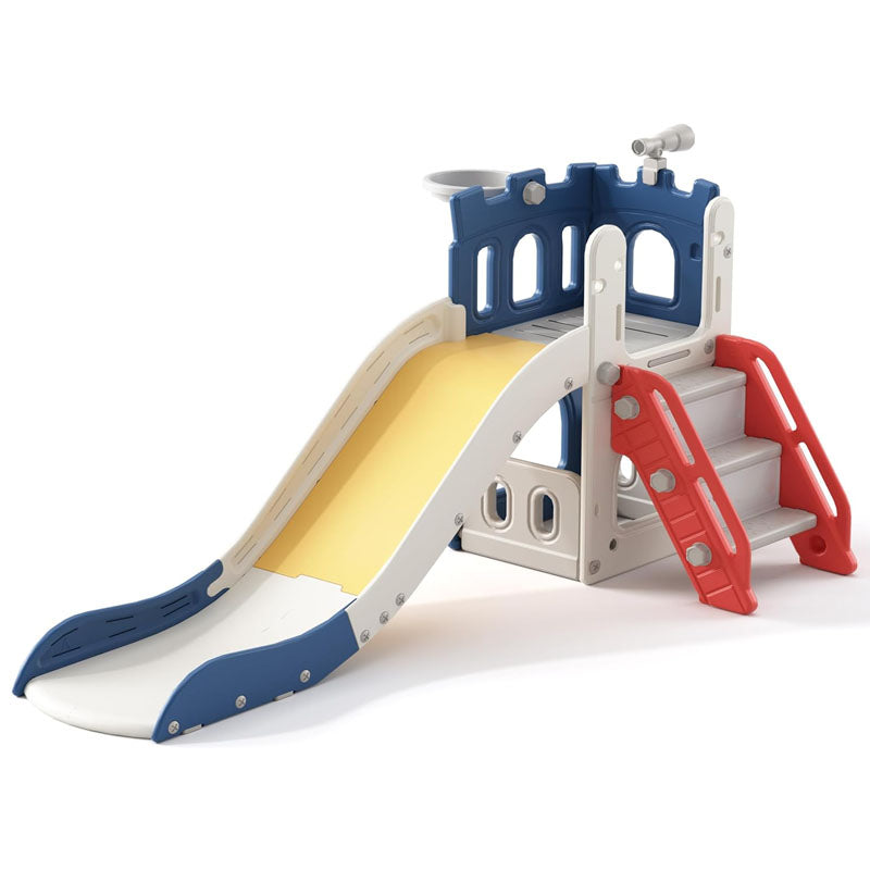 Freestanding Slides 5 in 1 Toddler Slide for Toddlers Age 1-3 featuring a climber extra-long slide detachable basketball hoop basketball storage house and telescope toy