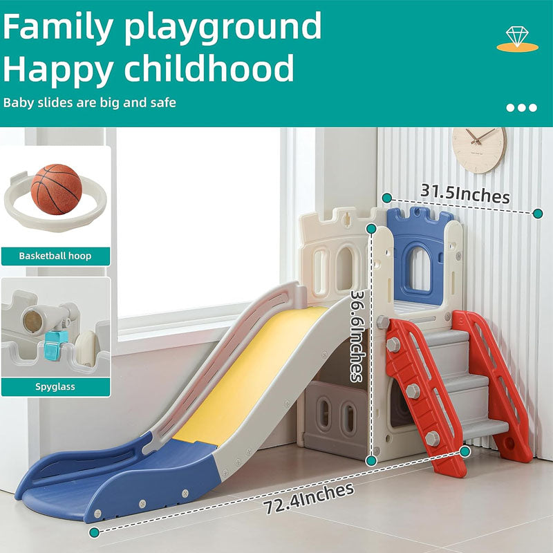 Freestanding Slides 5 in 1 Toddler Slide for Toddlers Age 1-3 featuring a climber extra-long slide detachable basketball hoop basketball storage house and telescope toy