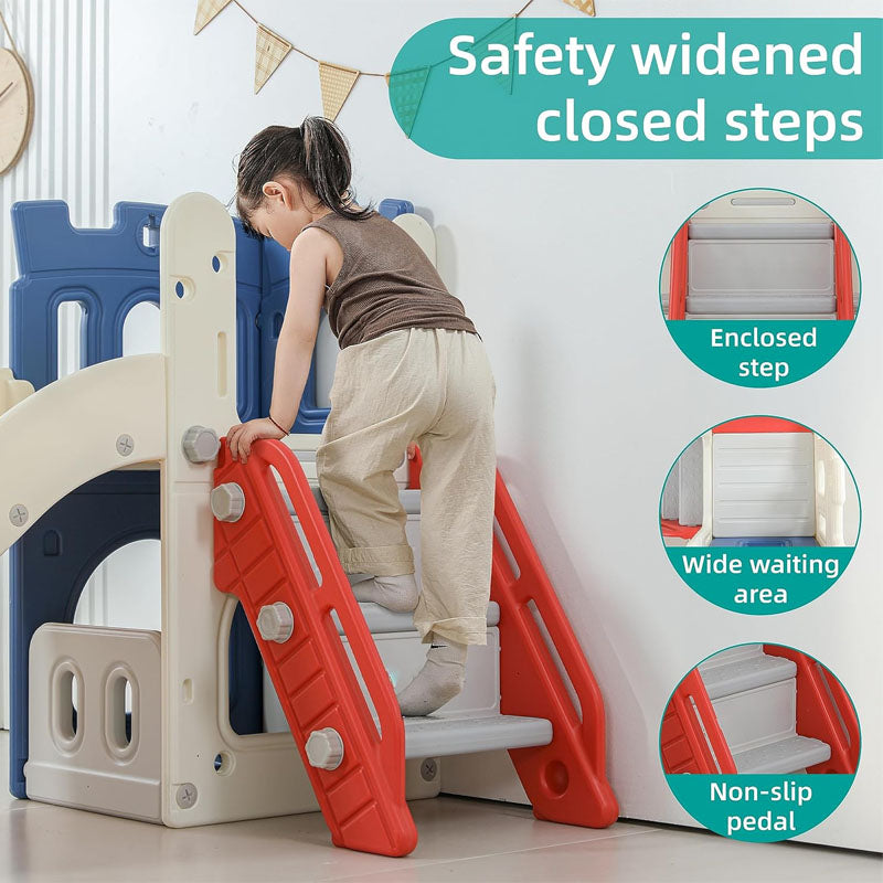 Freestanding Slides 5 in 1 Toddler Slide for Toddlers Age 1-3 featuring a climber extra-long slide detachable basketball hoop basketball storage house and telescope toy