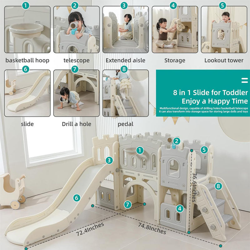 Freestanding Slides 8 in 1 Slide for Kids with Basketball Hoop and Ball Telescope Tunnel Storage Space for Toddlers Age 1+ Babies Indoor & Outdoor(Grey)