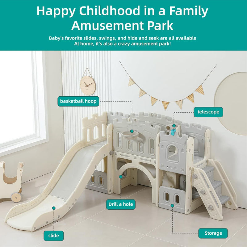 Freestanding Slides 8 in 1 Slide for Kids with Basketball Hoop and Ball Telescope Tunnel Storage Space for Toddlers Age 1+ Babies Indoor & Outdoor(Grey)