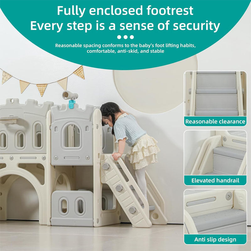 Freestanding Slides 8 in 1 Slide for Kids with Basketball Hoop and Ball Telescope Tunnel Storage Space for Toddlers Age 1+ Babies Indoor & Outdoor(Grey)