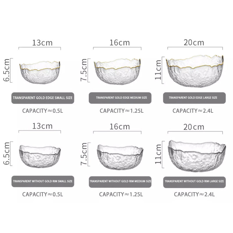 Thickened Hammered Gold-Rimmed Glass Salad Bowl, Transparent Tableware Set, Dessert Bowl, Living Room And Home