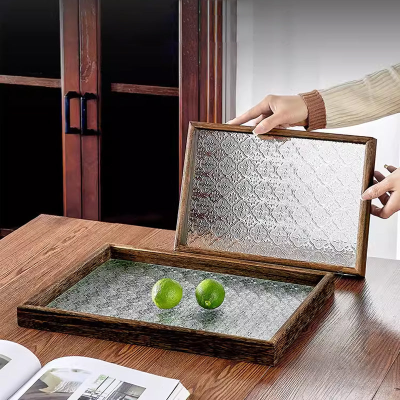Creative Glass Rectangular Tray, Household Wooden Tea Tray, Fruit Snack Tray, Commercial Coffee Tray