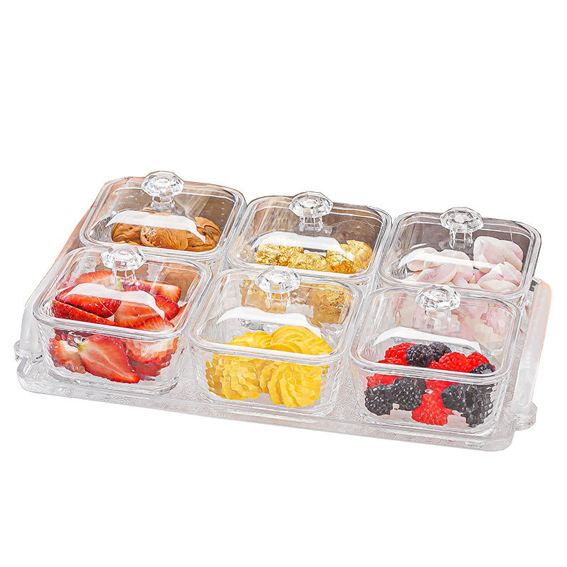 Light Luxury Compartmented Fruit Plate, Lead-Free Glass Snack Plate, Small Square Bowl With Lid, Seven-Piece Gift Box Set