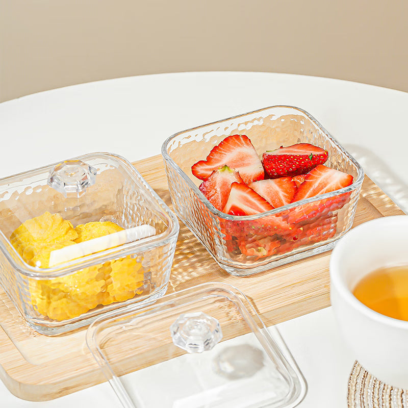 Light Luxury Compartmented Fruit Plate, Lead-Free Glass Snack Plate, Small Square Bowl With Lid, Seven-Piece Gift Box Set