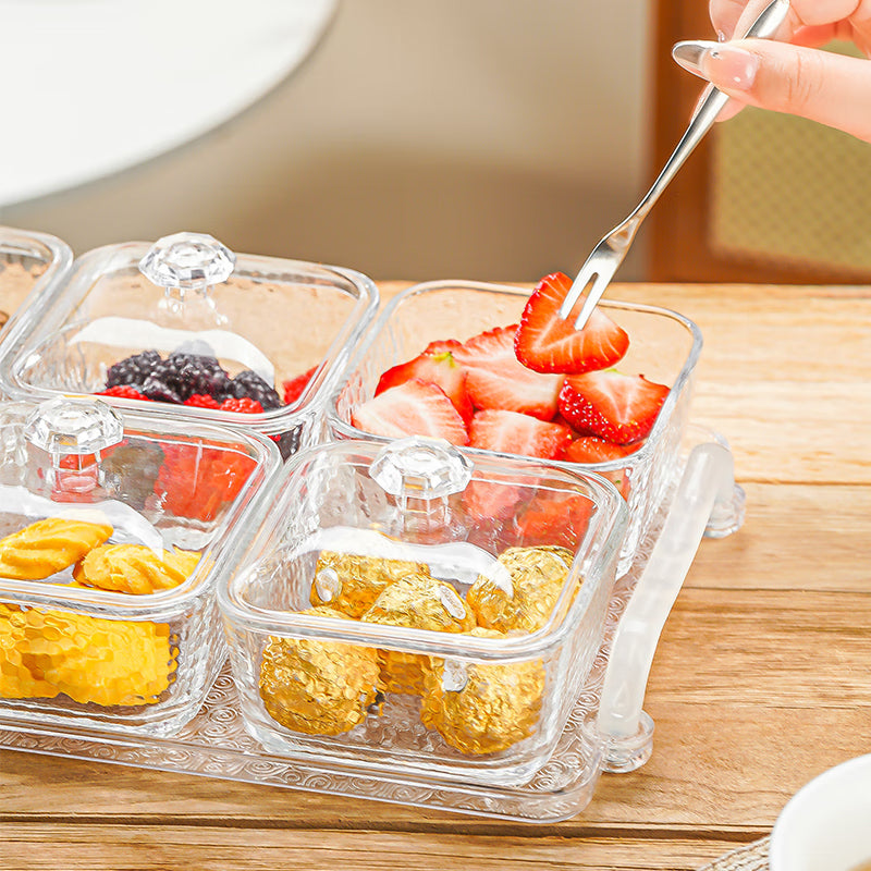 Light Luxury Compartmented Fruit Plate, Lead-Free Glass Snack Plate, Small Square Bowl With Lid, Seven-Piece Gift Box Set