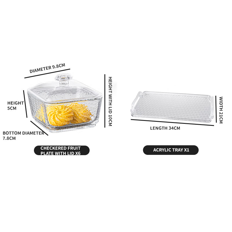 Light Luxury Compartmented Fruit Plate, Lead-Free Glass Snack Plate, Small Square Bowl With Lid, Seven-Piece Gift Box Set