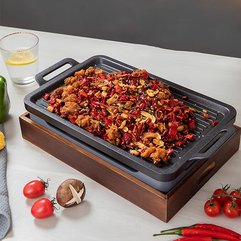 41.3*27.7*1.7cm Fry Griddle Deep Frying Pan Commercial Heat Preservation Lamb Chops Pan Barbecue Pan Wooden Base Rectangular Grilled Fish Pan Charcoal Alcohol Stove Non-Stick Barbecue Pan