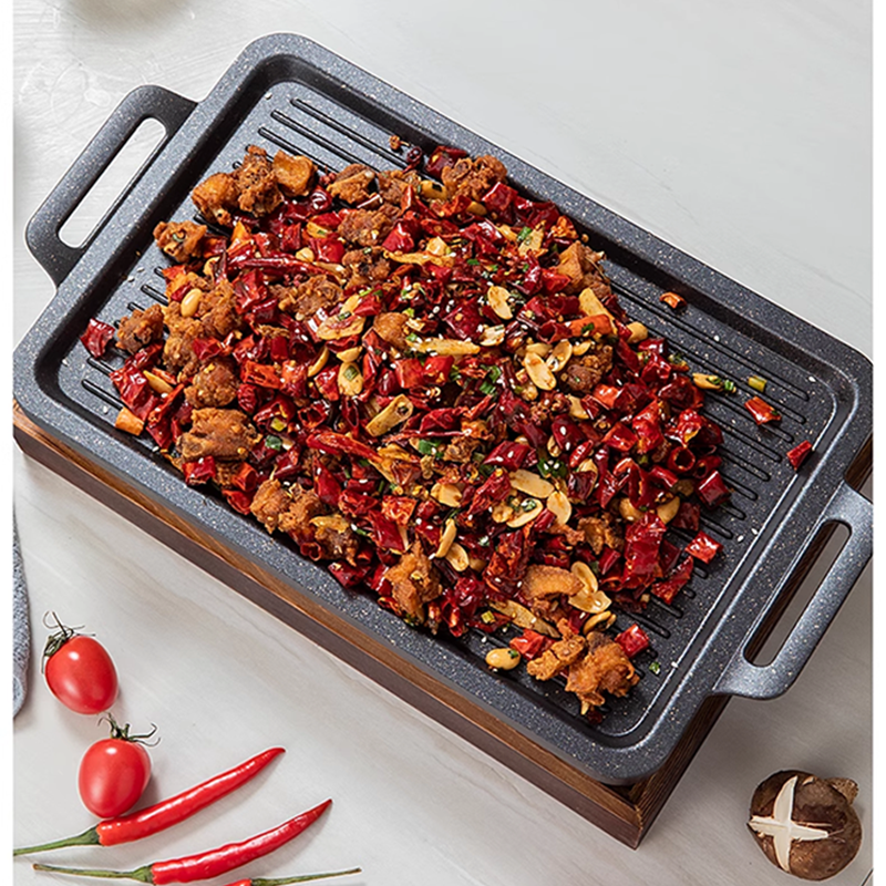 41.3*27.7*1.7cm Fry Griddle Deep Frying Pan Commercial Heat Preservation Lamb Chops Pan Barbecue Pan Wooden Base Rectangular Grilled Fish Pan Charcoal Alcohol Stove Non-Stick Barbecue Pan