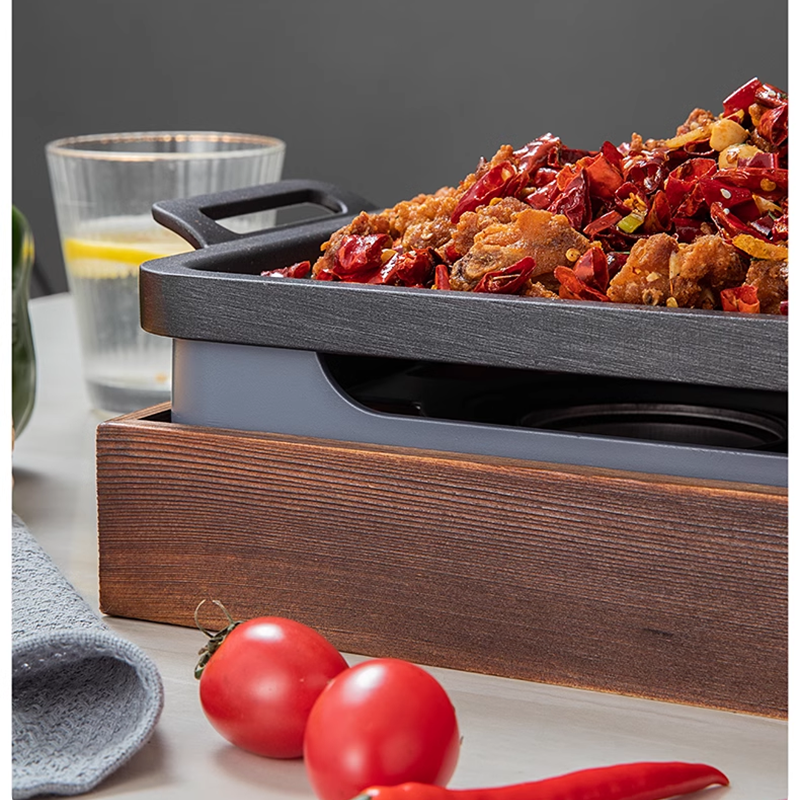 41.3*27.7*1.7cm Fry Griddle Deep Frying Pan Commercial Heat Preservation Lamb Chops Pan Barbecue Pan Wooden Base Rectangular Grilled Fish Pan Charcoal Alcohol Stove Non-Stick Barbecue Pan