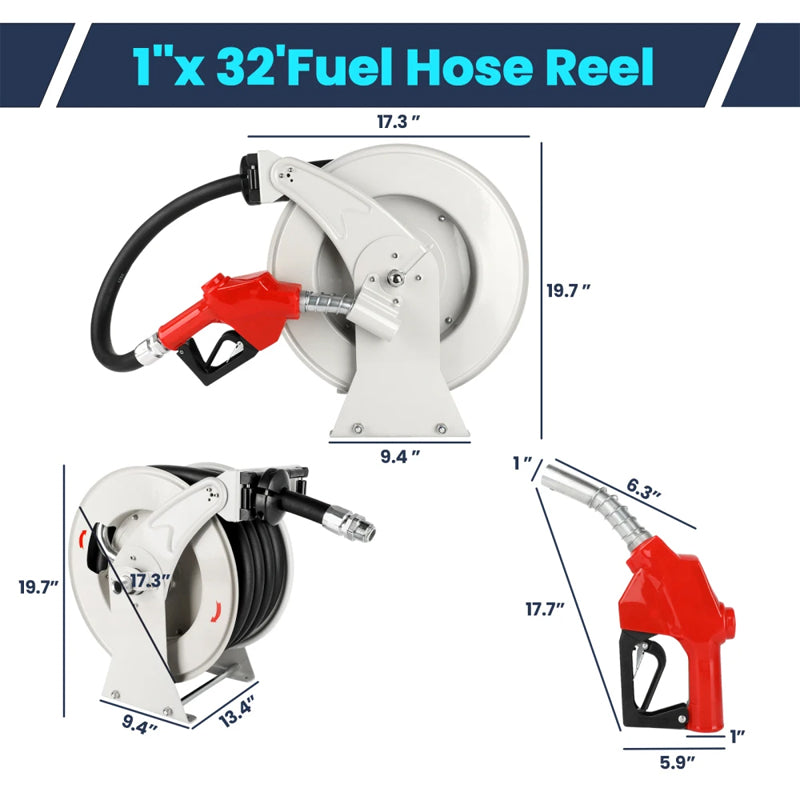 Fuel Hose Reel 1" x 33ft Retractable Diesel Hose Reel,Heavy-Duty Industrial Settings. Max 300 Psi,Spring Rewind With Fuel Nozzle