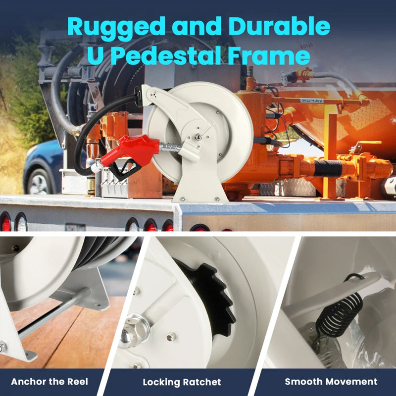 Fuel Hose Reel 1" x 33ft Retractable Diesel Hose Reel,Heavy-Duty Industrial Settings. Max 300 Psi,Spring Rewind With Fuel Nozzle