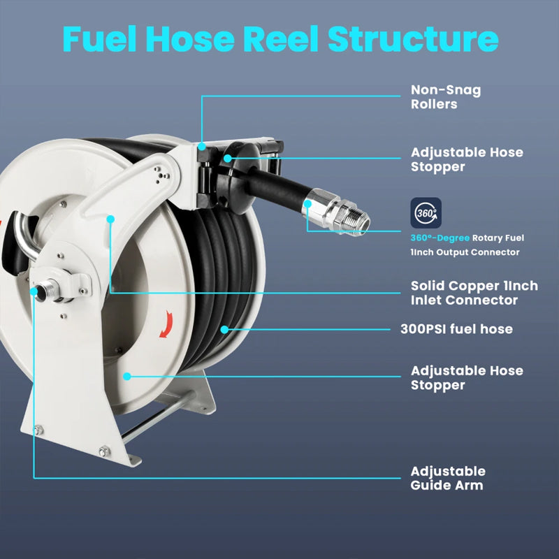 Fuel Hose Reel 1" x 33ft Retractable Diesel Hose Reel,Heavy-Duty Industrial Settings. Max 300 Psi,Spring Rewind With Fuel Nozzle