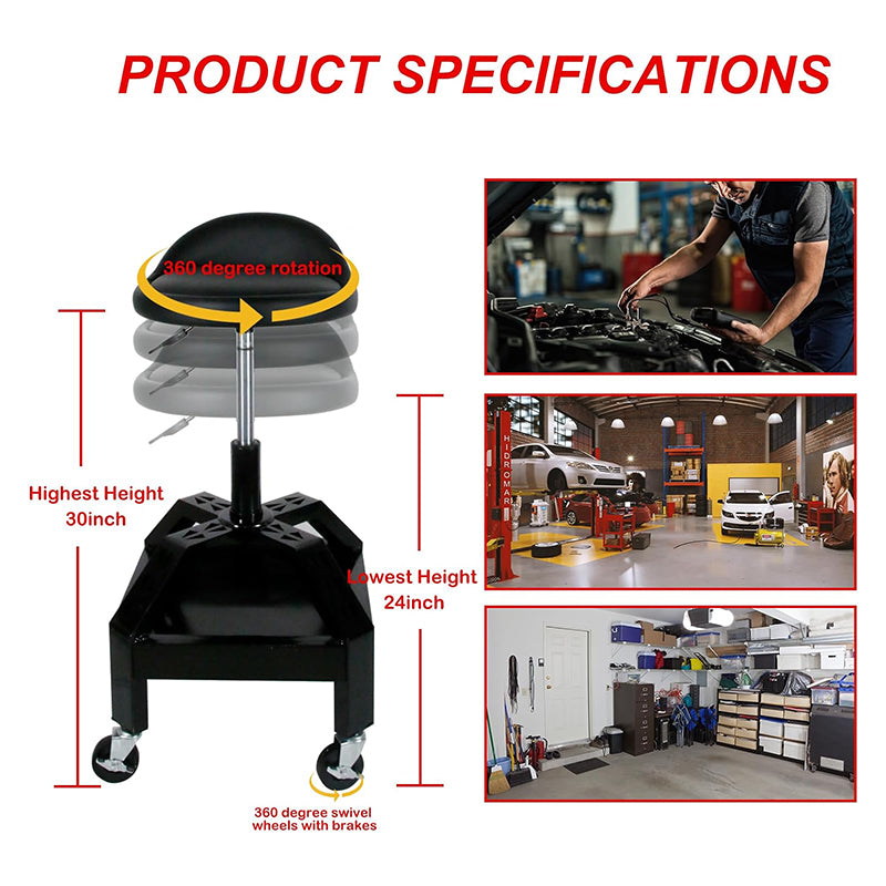 Adjustable Height Rolling Garage Shop Seat Garage Stool with Wheels Heavy Duty Mechanic Stool 330 Lbs Capacity Storage with Tool Tray