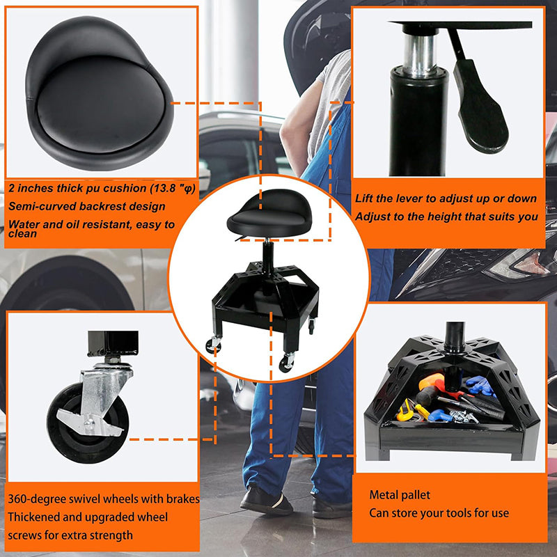 Adjustable Height Rolling Garage Shop Seat Garage Stool with Wheels Heavy Duty Mechanic Stool 330 Lbs Capacity Storage with Tool Tray