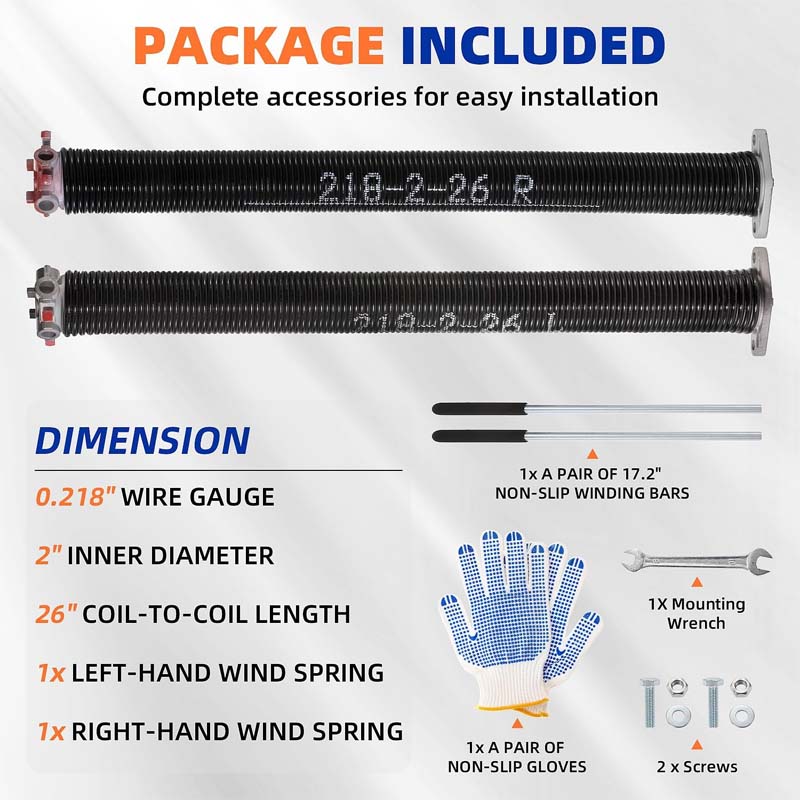 Garage Door Springs & Wires Pair of 0.218 x 2 x 26 inch with Non-Slip Winding Bars & Gloves 18,000 Cycles