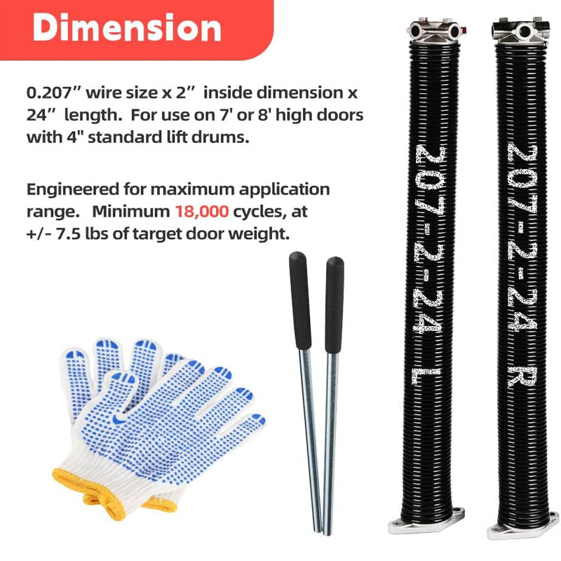 Heavy-Duty Garage Door Springs & Wires 0.207” x 2” x 24” (Pair) 18000 Cycles with Gloves for Replacement