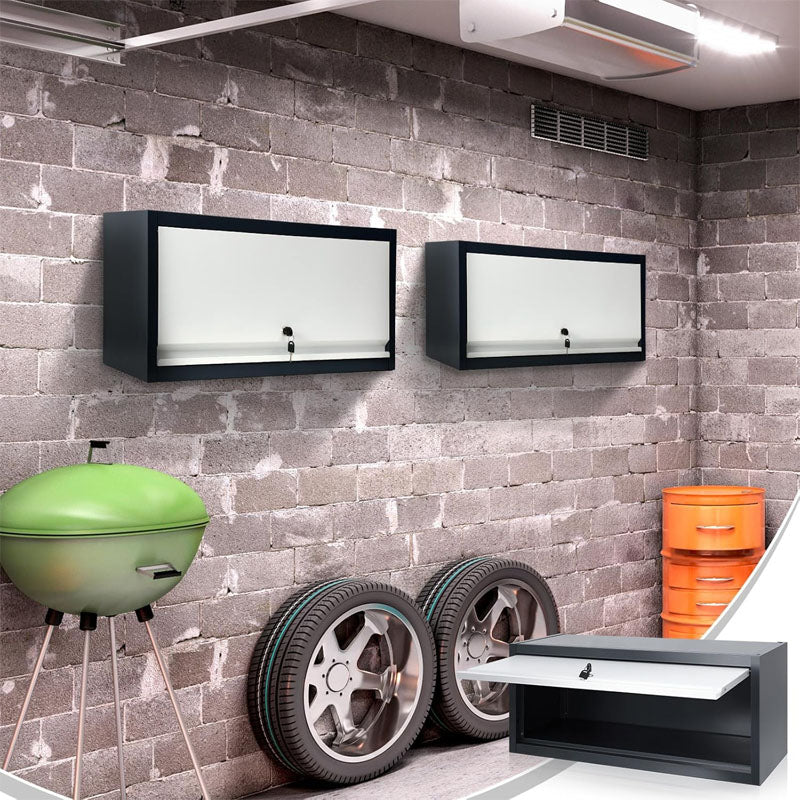 2 Pcs Garage Storage Cabinet Locking with Up Flip Door Wall Steel Hanging Upper Cabinet for Garage Kitchen Office Home