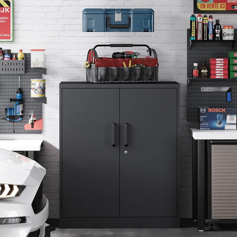 Metal Garage Storage Cabinet with 2 Doors and 2 Adjustable Shelves 35.5" Steel Lockable for Home Office,Gym,School(Black)