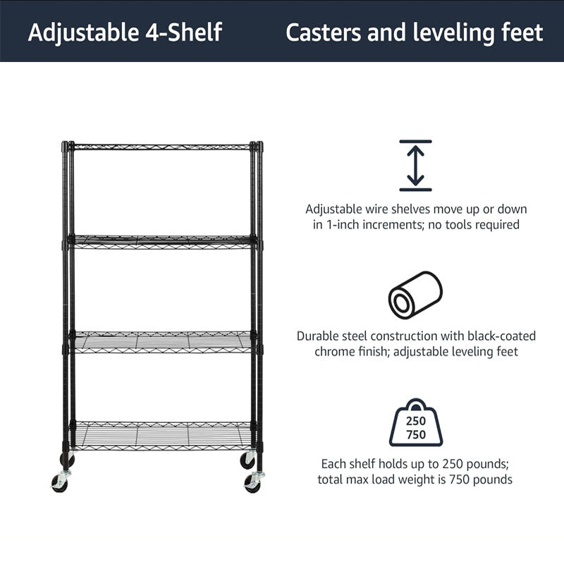 Garage Storage Rack 4-Tier Adjustable 3'' Wheel Casters Metal Organizer Wire Rack for Kitchen Pantry Basement Bathroom