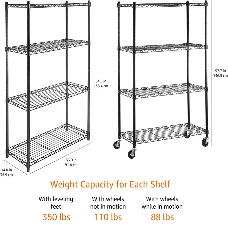Garage Storage Rack 4-Tier Adjustable 3'' Wheel Casters Metal Organizer Wire Rack for Kitchen Pantry Basement Bathroom