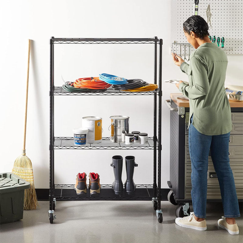 Garage Storage Rack 4-Tier Adjustable 3'' Wheel Casters Metal Organizer Wire Rack for Kitchen Pantry Basement Bathroom