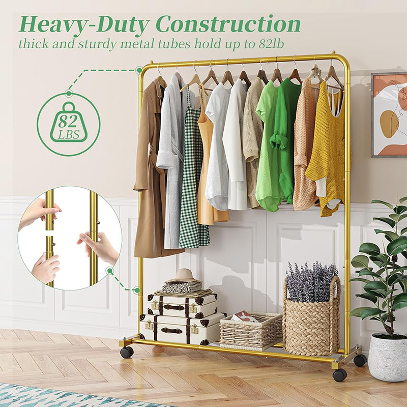 Golden Yellow Clothing Garment Rack with Storage Shelves Clothes Organizer on Wheels for Hanging Clothes