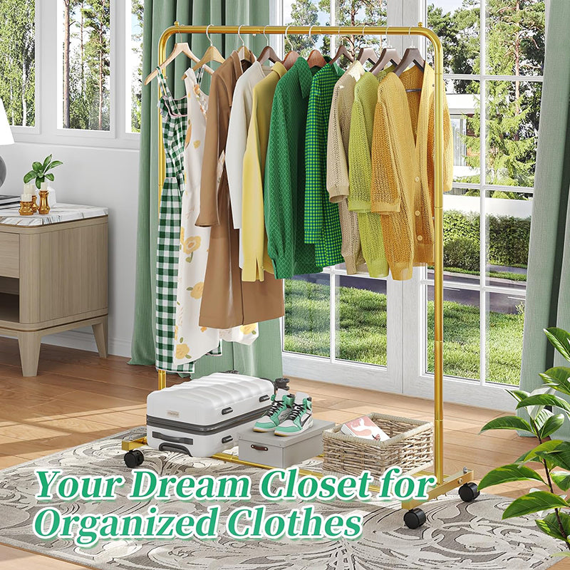 Golden Yellow Clothing Garment Rack with Storage Shelves Clothes Organizer on Wheels for Hanging Clothes