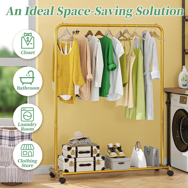 Golden Yellow Clothing Garment Rack with Storage Shelves Clothes Organizer on Wheels for Hanging Clothes