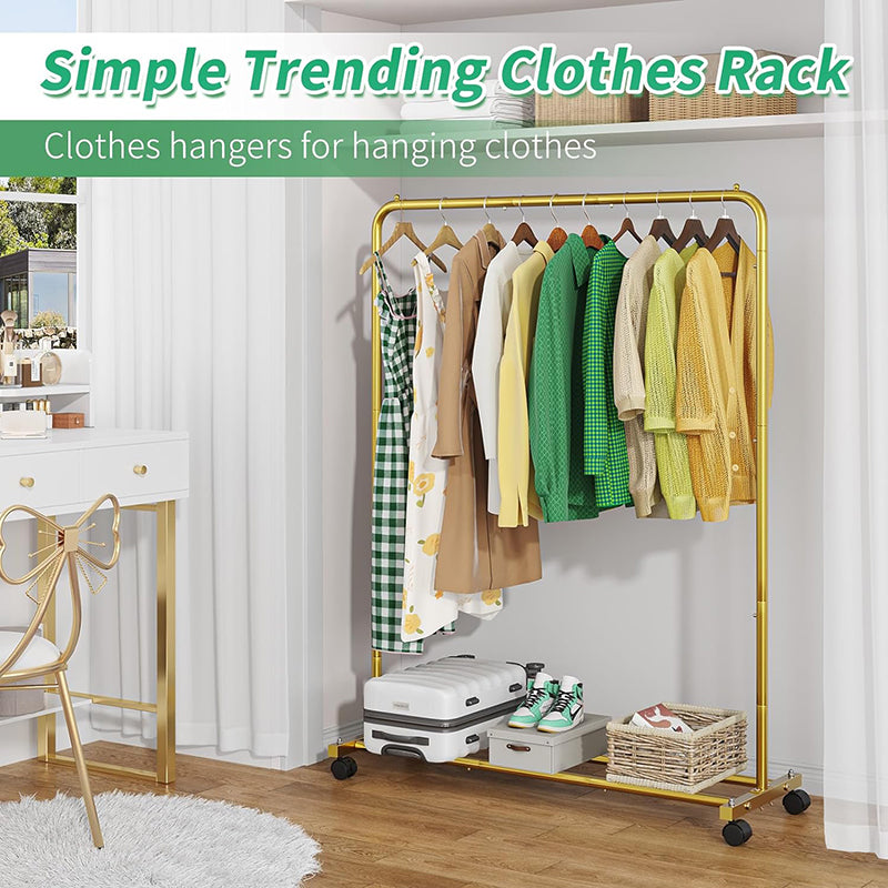 Golden Yellow Clothing Garment Rack with Storage Shelves Clothes Organizer on Wheels for Hanging Clothes