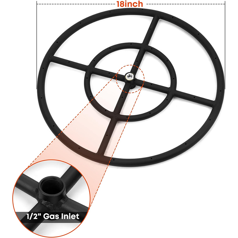 Natural Gas Fire Pit Burner Ring Mounting Kit, Black Steel, 18 Inch
