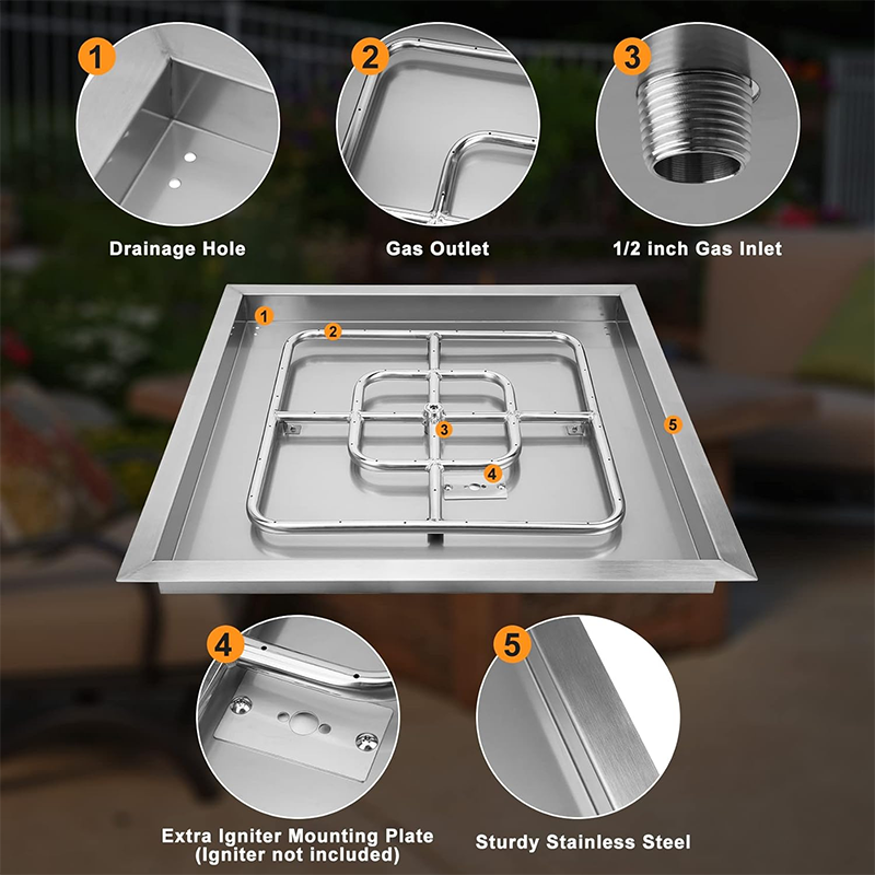 Square Stainless Steel Recessed Fire Pit Burner Ring and Pan Assembly, 24 Inch