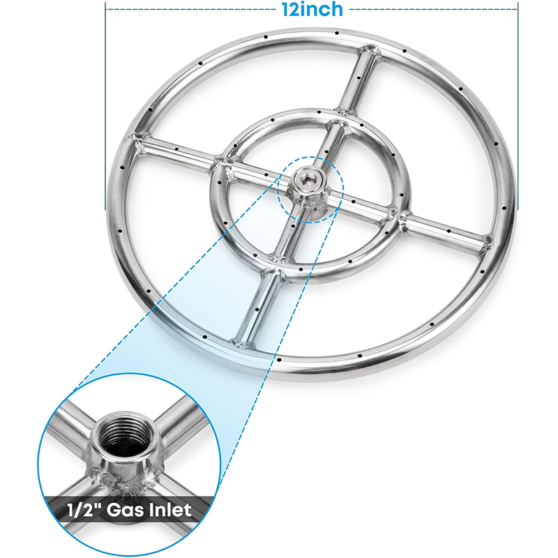 Natural Gas Fire Pit Stainless Steel Burner Ring Mounting Kit, 12 Inch