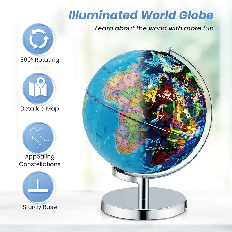 Illuminated Globes of The World, 9’’ World Globe with LED Night Light, Educational Globe for Classroom, Office, Kids Learning