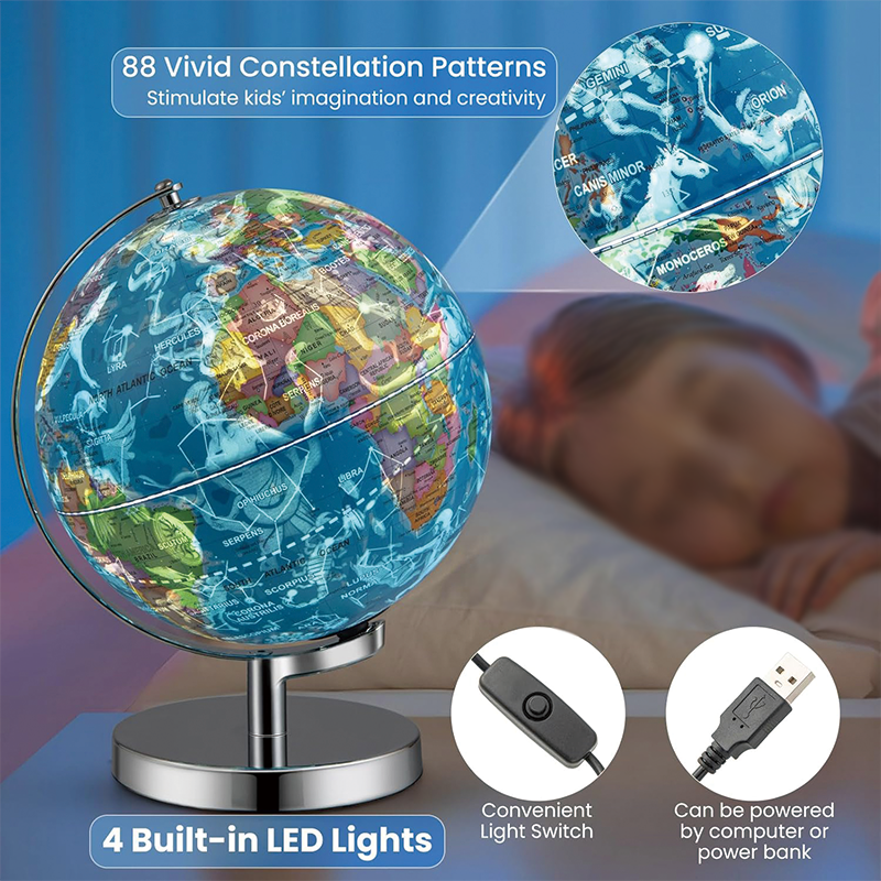 Illuminated Globes of The World, 9’’ World Globe with LED Night Light, Educational Globe for Classroom, Office, Kids Learning