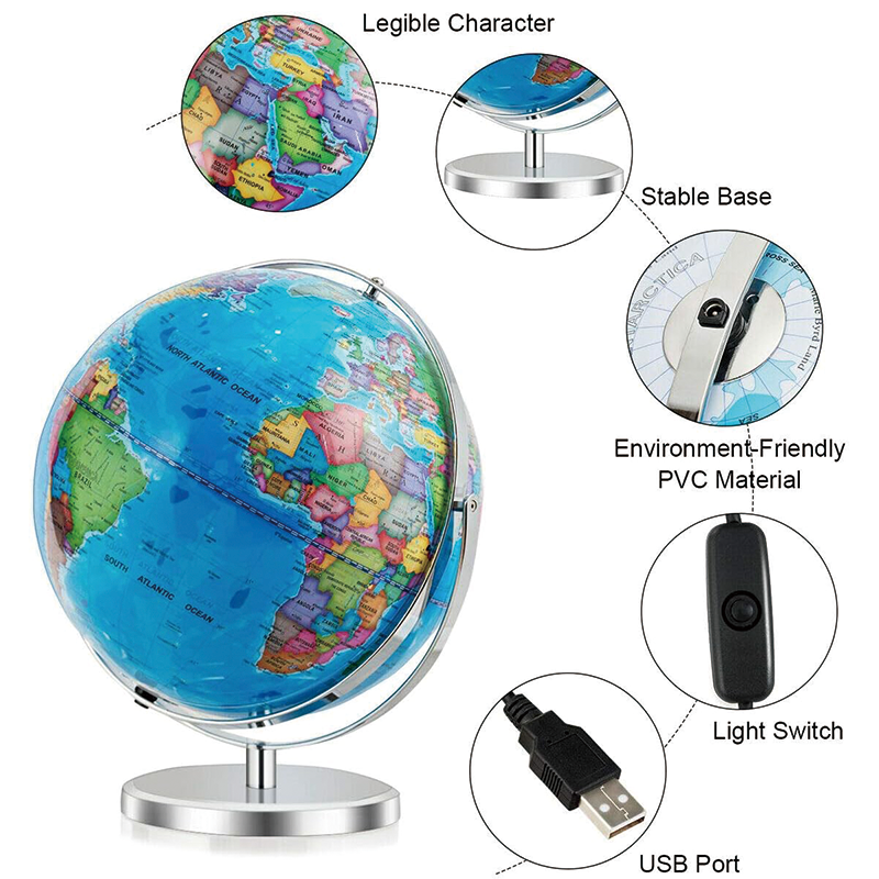 Educational Geographic World Globe, 720° Rotation Desktop World Globe with LED Lights, for Classroom, Office, Kids Classroom Learning