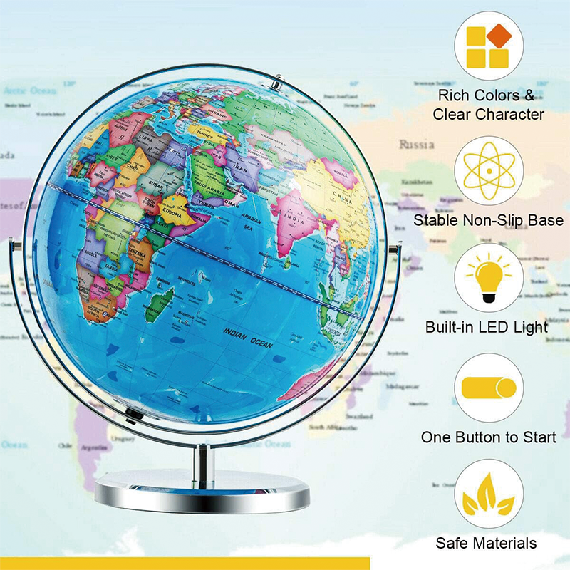 Educational Geographic World Globe, 720° Rotation Desktop World Globe with LED Lights, for Classroom, Office, Kids Classroom Learning