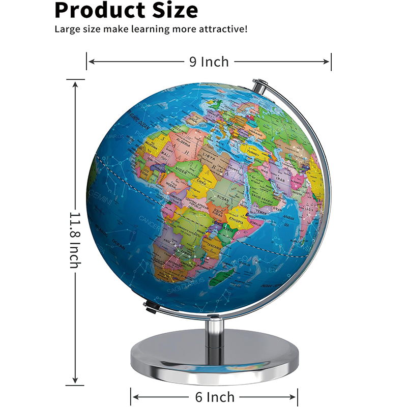 9 in Illuminated World Globe with Stand, Educational Earth Globe with Stable Heavy Metal Base for Kids Classroom Learning, LED Constellation Globe Night Light