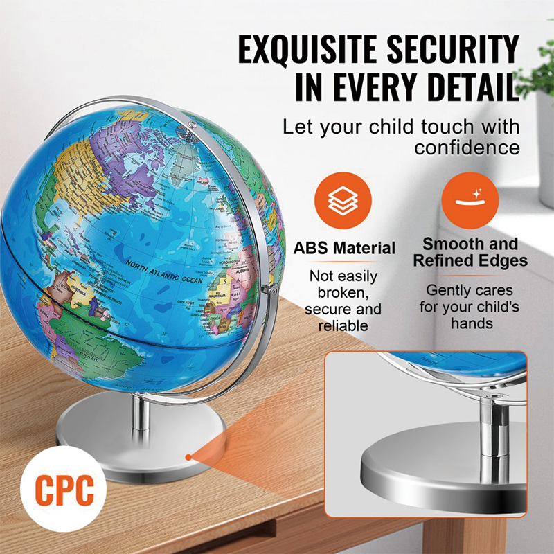 13" World Globe with Stand, 720° Swivels in All Directions,Geographic/Decorative Desktop Decoration World Globe Map with Clear Text for Home, School, Office