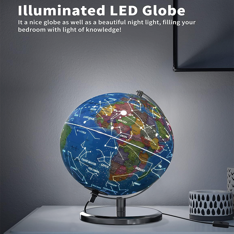 9 in Illuminated World Globe with Stand, Educational Earth Globe with Stable Heavy Metal Base for Kids Classroom Learning, LED Constellation Globe Night Light