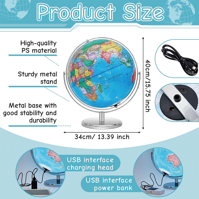 Illuminated World Globe with Stand, 13'' 720°/360° Rotation Rewritable Light up Globe with LED Decor for Kid World Map