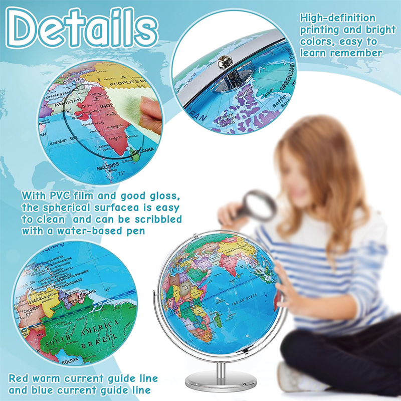 Illuminated World Globe with Stand, 13'' 720°/360° Rotation Rewritable Light up Globe with LED Decor for Kid World Map
