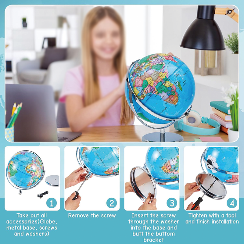 Illuminated World Globe with Stand, 13'' 720°/360° Rotation Rewritable Light up Globe with LED Decor for Kid World Map